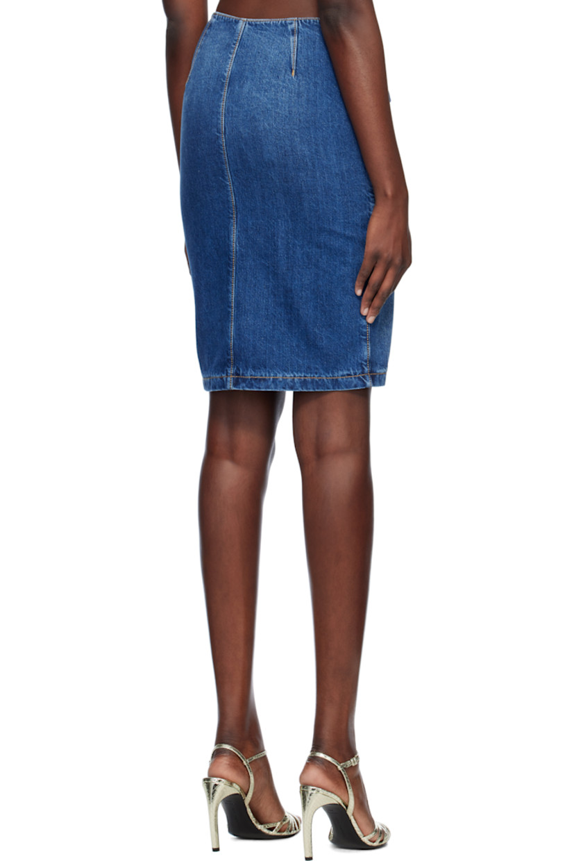 Non-stretch denim midi skirt. Fading throughout. 

· Pleats at front 
· Offset two-way zip closure
· Darts at back waistband
· Contrast stitching in tan

Supplier color: Blue denim