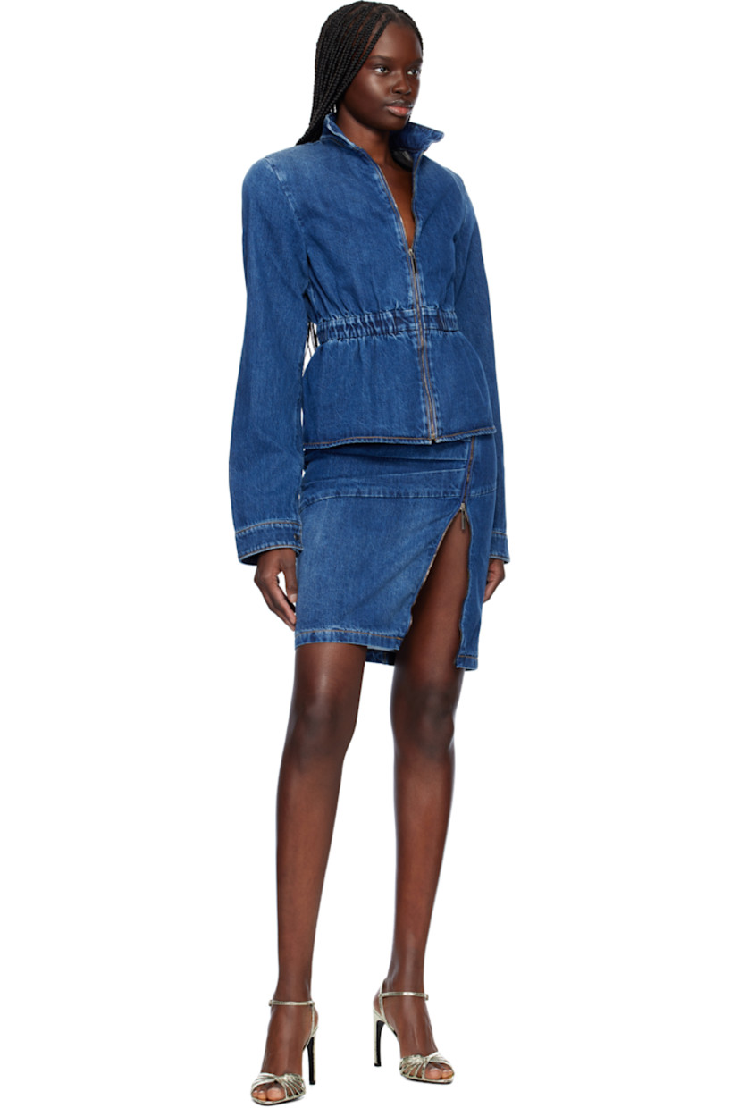 Non-stretch denim midi skirt. Fading throughout. 

· Pleats at front 
· Offset two-way zip closure
· Darts at back waistband
· Contrast stitching in tan

Supplier color: Blue denim