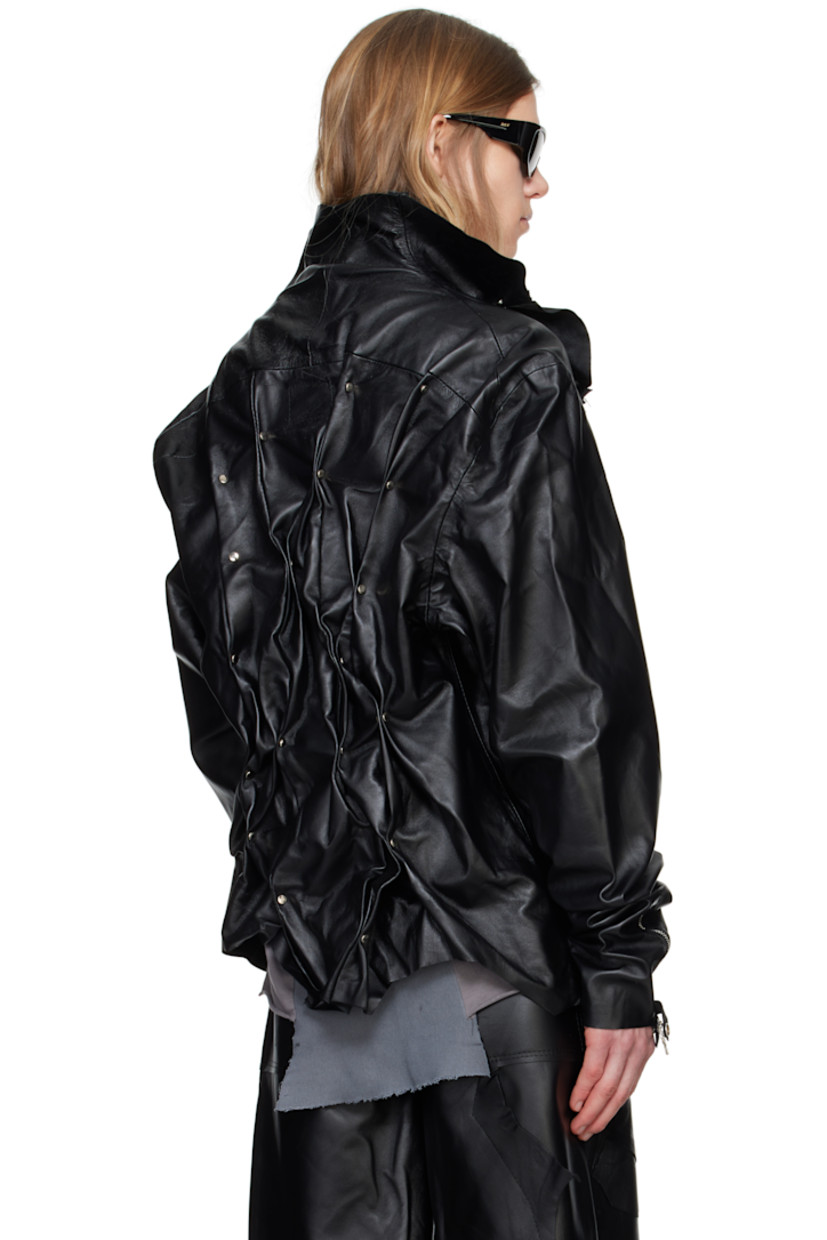 Upcycled nappa leather jacket. Raw edges throughout.

· Funnel neck
· Zip closure
· Zip pockets
· Asymmetric hem
· Rivets and gathering at shoulders and back
· Raglan sleeves
· Press-stud hardware and zip vent at cuffs
· Suede interior
· Graphic sterling silver hardware

Each item is unique. Please note finishings may vary.

Supplier color: Black