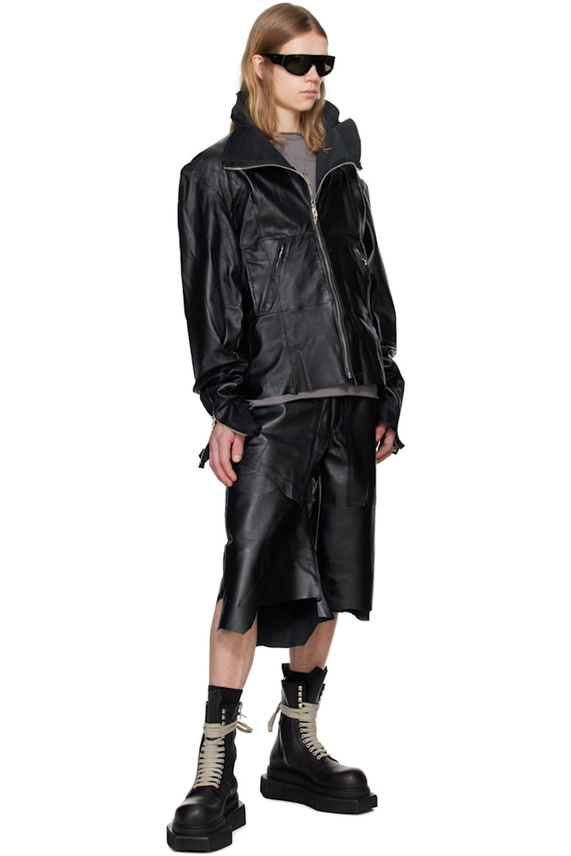 Upcycled nappa leather jacket. Raw edges throughout.

· Funnel neck
· Zip closure
· Zip pockets
· Asymmetric hem
· Rivets and gathering at shoulders and back
· Raglan sleeves
· Press-stud hardware and zip vent at cuffs
· Suede interior
· Graphic sterling silver hardware

Each item is unique. Please note finishings may vary.

Supplier color: Black