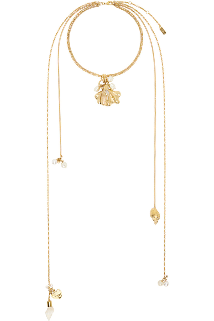 Tiered cable chain and curb chain necklace in antiqued gold-tone brass.

· Extended chain detailing at length
· Graphic charms, faux-pearls, and shells at drop
· Logo plaque at adjustable lobster-clasp fastening
· L16.5"

Supplier color: Vintage gold