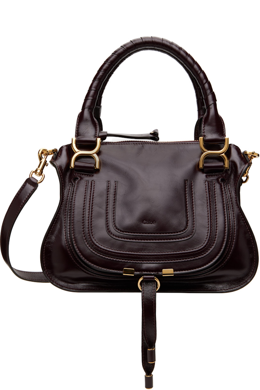 LWG-certified polished calfskin shoulder bag in burgundy.

· Hand-wrapped carry handles
· Detachable crossbody strap
· Logo embossed at face
· Tab-slot flap pocket
· Zip closure
· Zip pocket at interior
· Calfskin suede lining
· Logo-engraved gold-tone hardware
· H9" x W12" x D3.5"

Supplier color: Auburn red