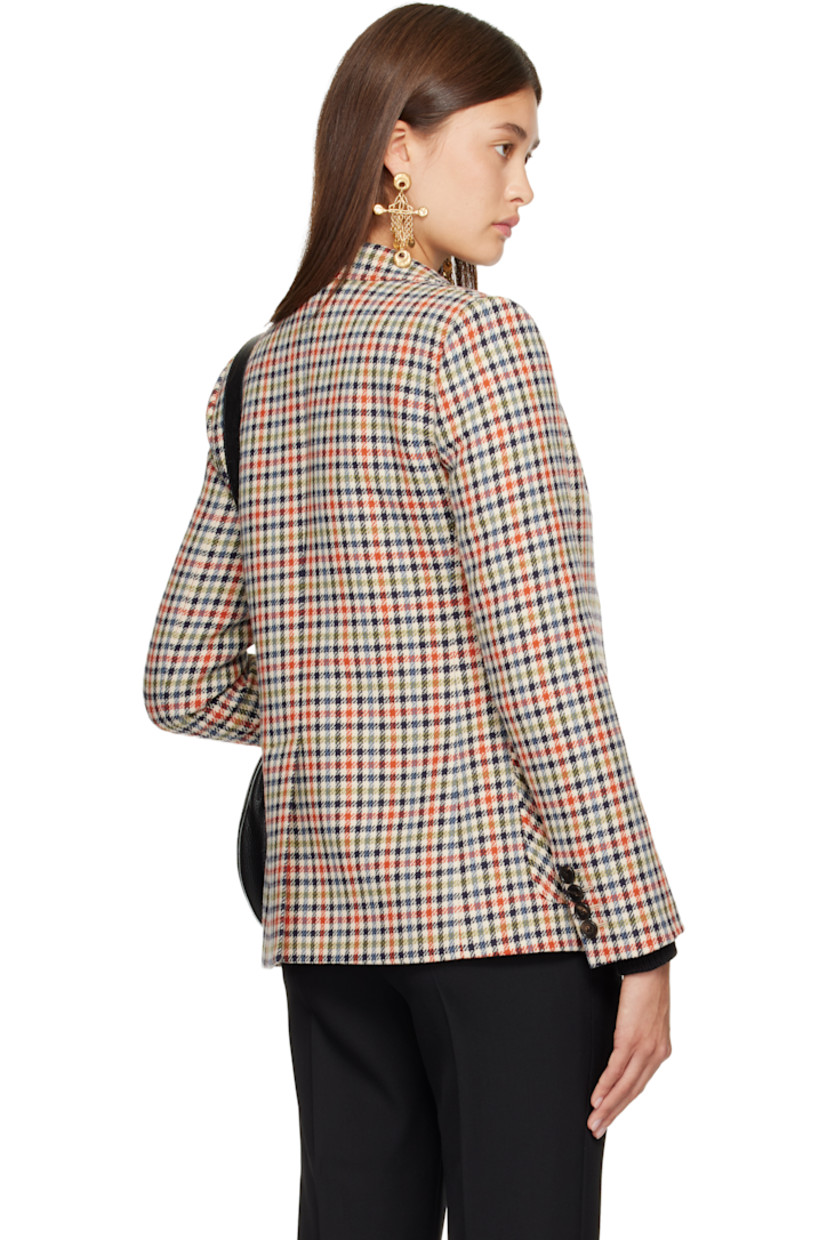 Virgin wool-blend tweed blazer.

· Check pattern throughout
· Peaked lapel
· Button closure
· Patch pockets
· Padded shoulders
· Surgeon's cuffs
· Central vent at back hem
· Full silk satin lining
· Horn hardware

Supplier color: Multicolor