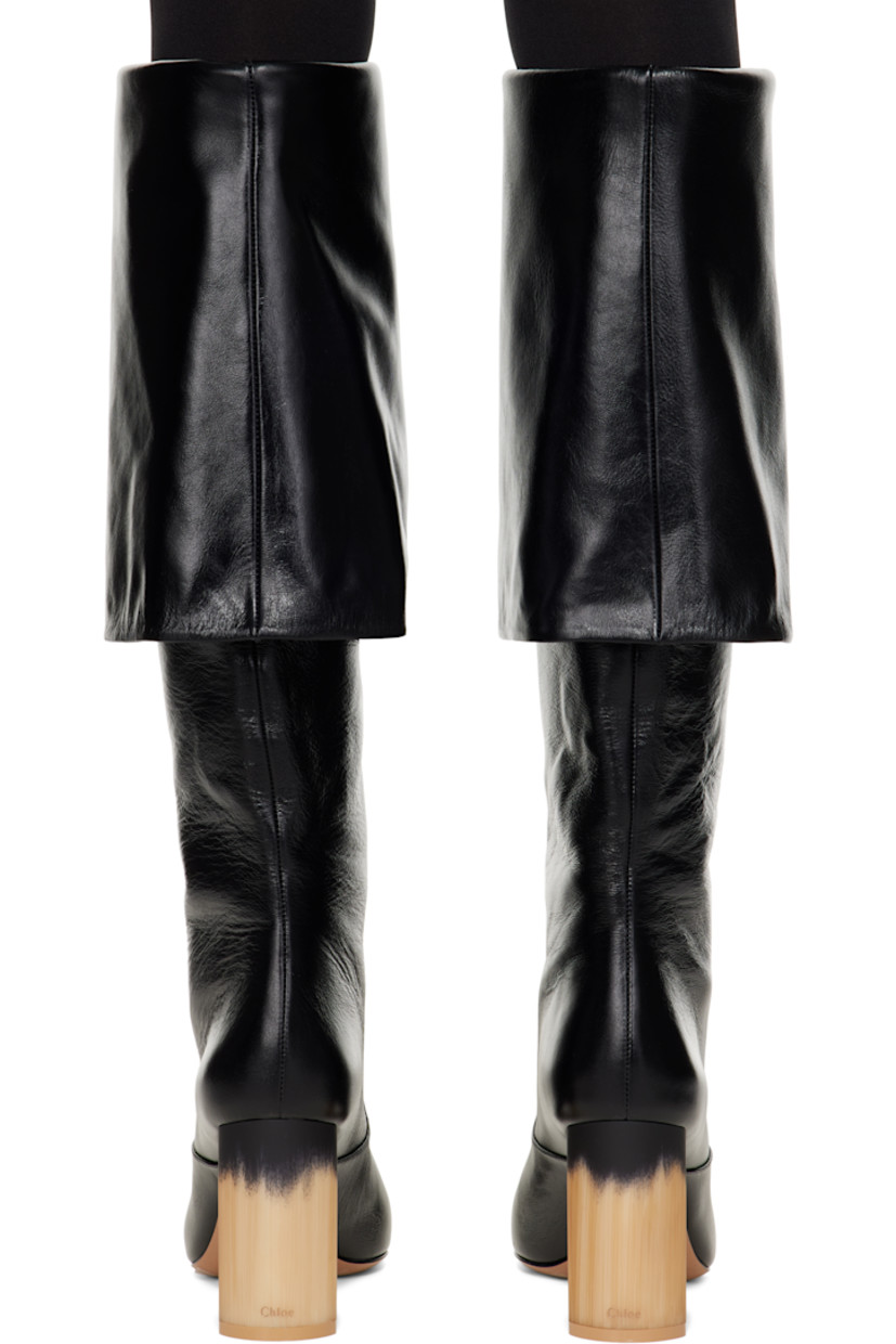 Knee-high LWG-certified grained calfskin boots in black. 

· Square toe
· Foldover collar
· Buffed lambskin lining 
· Block heel with rubber injection
· Leather sole
· Heel: H3.5"

Supplier color: Black