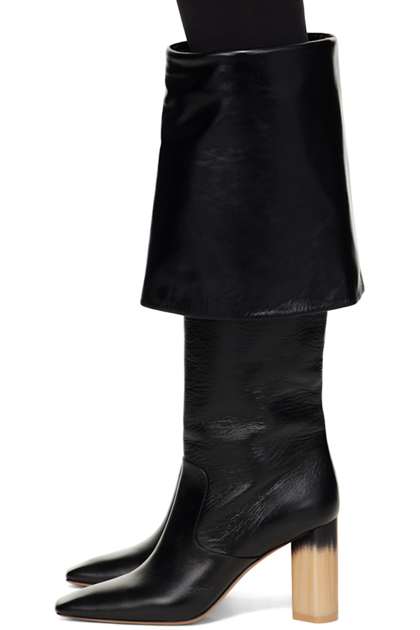 Knee-high LWG-certified grained calfskin boots in black. 

· Square toe
· Foldover collar
· Buffed lambskin lining 
· Block heel with rubber injection
· Leather sole
· Heel: H3.5"

Supplier color: Black