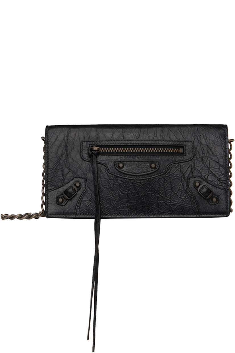 Crinkled patent lambskin shoulder bag in black.

· Detachable cable chain shoulder strap
· Zip pocket at face
· Pin-buckle hardware at face
· Magnetic press-stud closure
· Six card slots at interior
· Nappa leather lining
· Antiqued gunmetal-tone hardware
· H4.5" x W8.5" x D2"

Supplier color: Black