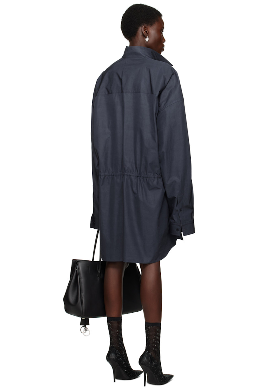 Washed cotton poplin minidress. 

· Spread collar
· Offset button closure
· Drawstring at waist
· Dropped shoulders
· Pleat at buttoned barrel cuffs

Supplier color: Faded blue