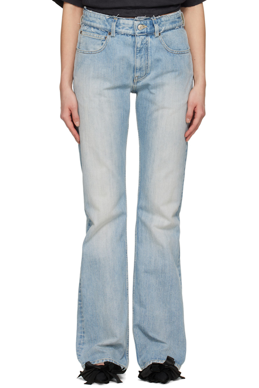 Non-stretch denim jeans. Fading and subtle distressing throughout.

· Low-rise
· Frayed edges and belt loops at waistband
· Five-pocket styling
· Zip fly
· Logo patch at back waistband
· Topstitching at back pockets
· Logo-engraved antiqued silver-tone hardware
· Contrast stitching in yellow

Supplier color: Light blue