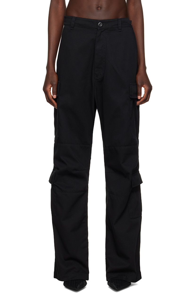 Polyester- and cotton-blend twill cargo pants. 

· Mid-rise 
· Belt loops
· Cinch tabs at waistband
· Four-pocket styling
· Zip fly
· Darts at knees
· Cargo pockets at outseams

Supplier color: Black