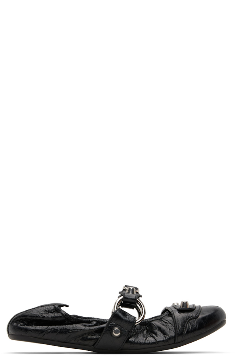 Arena lambskin Mary Jane-style ballerina flats.

· Studs and pin-buckle strap at vamp
· Elasticized collar
· Buffed lambskin lining
· Rubber sole

Supplier color: Black/Silver