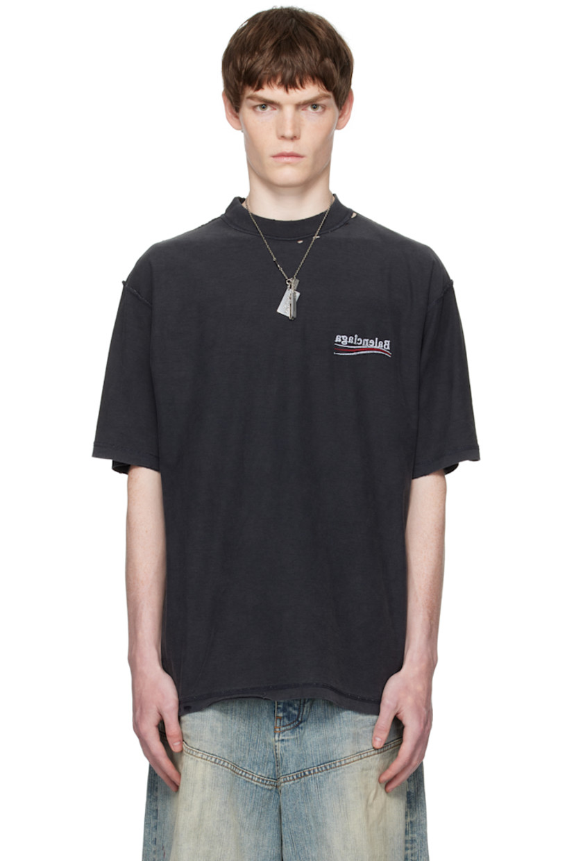 Cotton jersey T-shirt. 

· Fading, distressing, and exposed seams throughout 
· Rib-knit crewneck
· Logo embroidered at chest and back
· Dropped shoulders

Supplier color: Black/White/Red
