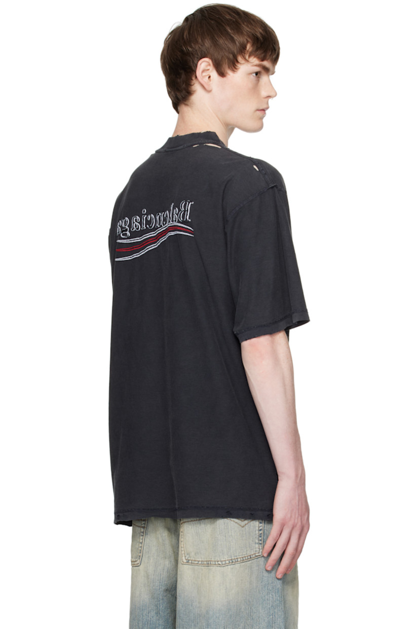 Cotton jersey T-shirt. 

· Fading, distressing, and exposed seams throughout 
· Rib-knit crewneck
· Logo embroidered at chest and back
· Dropped shoulders

Supplier color: Black/White/Red