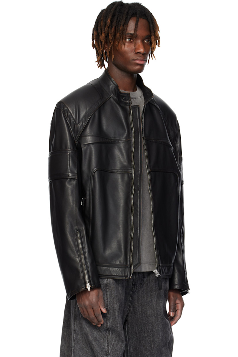 Grained faux-leather jacket.

· Paneled construction 
· Press-stud tab at band collar
· Zip closure
· Zip pockets 
· Padded shoulders 
· Zip vent at cuffs 
· Adjustable press-stud tabs at back hem 
· Welt pocket at interior
· Full satin lining 

Supplier color: Black