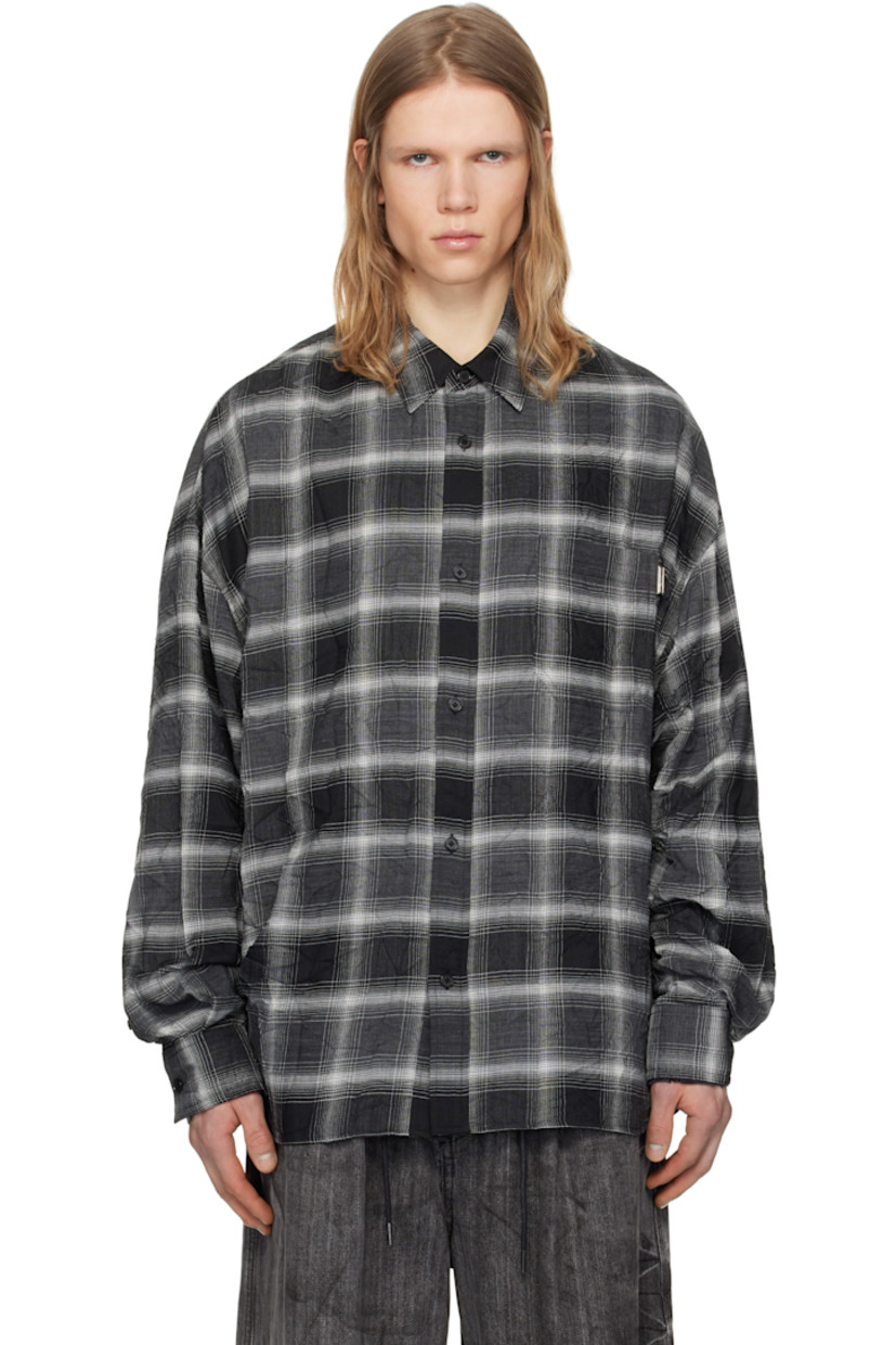 Crinkled polyester- and wool-blend flannel shirt. Check pattern throughout.

· Spread collar
· Button closure
· Logo plaque at patch pocket
· Shirttail hem
· Dropped shoulders
· Pleated adjustable single-button barrel cuffs
· Box pleat at back yoke

Supplier color: Ash