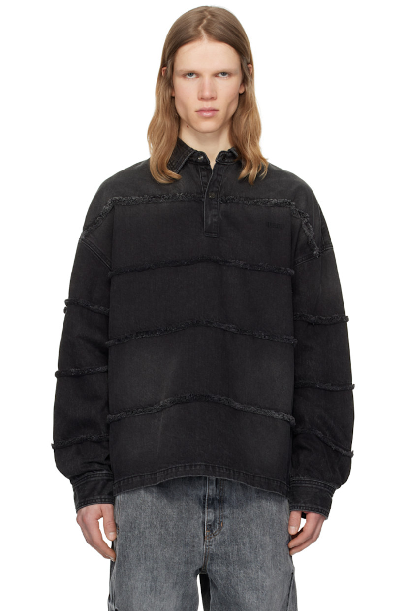 Non-stretch denim polo. Fading and fringed seam detailing throughout.

· Spread collar
· Press-stud placket
· Logo embroidered at chest
· Zip vent at side seams
· Single-button barrel cuffs

Supplier color: Black