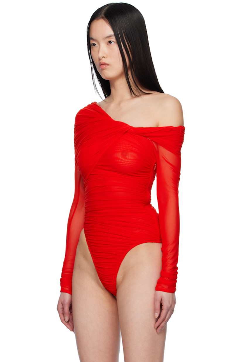 Semi-sheer stretch recycled nylon mesh bodysuit. Ruching throughout.

· Single-shoulder construction
· Asymmetrical neck
· Twisted dropped shoulder
· Press-stud fastening at bottom
· Partial stretch cotton jersey lining

Supplier color: Red