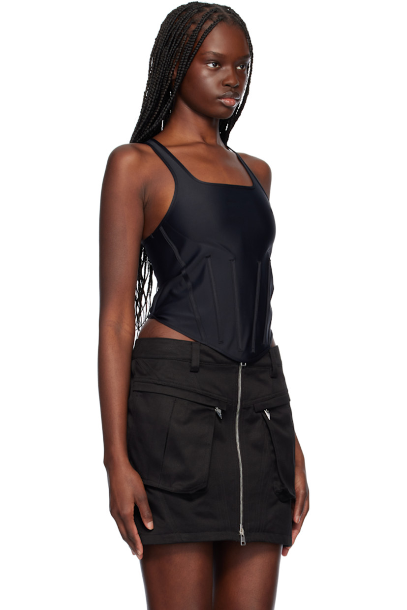 Stretch recycled nylon jersey tank top.

· Scoop neck
· Boning at front waist
· Curved hem
· Racer back
· Logo plaque at back collar

Supplier color: Black