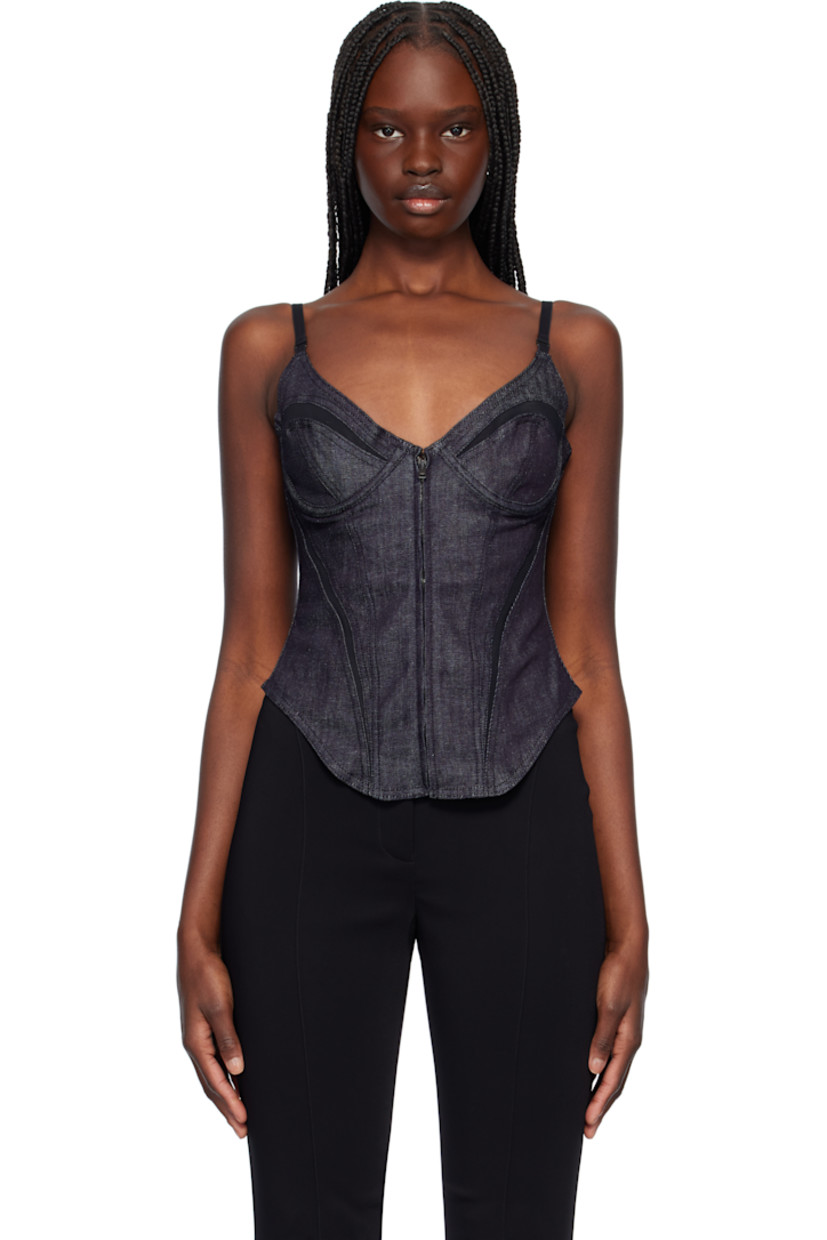 Stretch denim corset-style top. Fading and semi-sheer mesh panels throughout. 

· Paneled construction
· Sweetheart neck
· Underwire at cups
· Zip closure
· Curved hem
· Adjustable elasticized spaghetti straps
· Adjustable hook-eye fastening at open back
· Logo plaque at back hem
 
Supplier color: Black