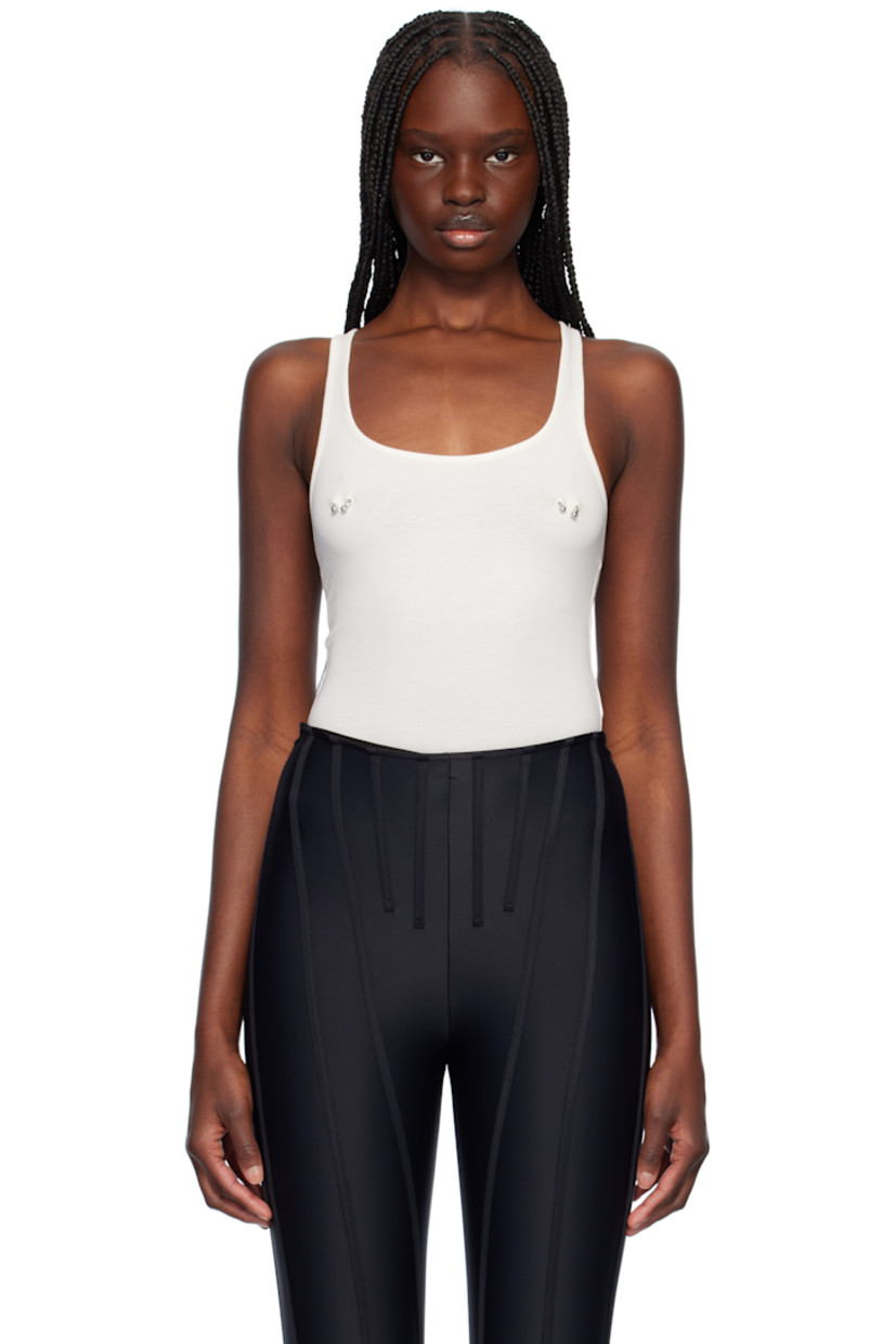 Cotton jersey bodysuit.

· Rib-knit scoop neck and armscyes
· Hardware at chest
· Press-stud fastening at bottom
· Logo plaque at back collar
· Partial jersey lining

Supplier color: White