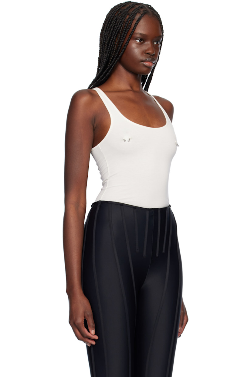 Cotton jersey bodysuit.

· Rib-knit scoop neck and armscyes
· Hardware at chest
· Press-stud fastening at bottom
· Logo plaque at back collar
· Partial jersey lining

Supplier color: White
