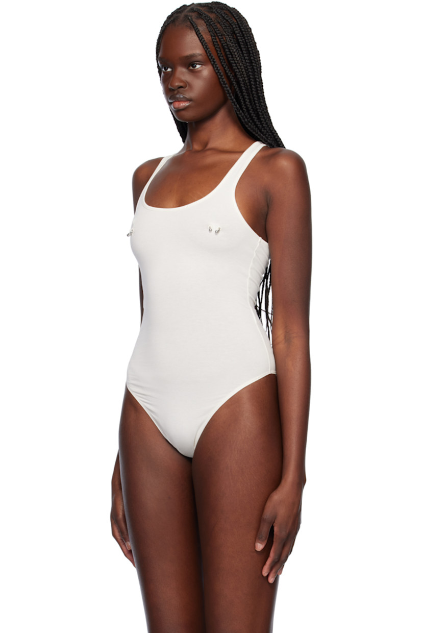 Cotton jersey bodysuit.

· Rib-knit scoop neck and armscyes
· Hardware at chest
· Press-stud fastening at bottom
· Logo plaque at back collar
· Partial jersey lining

Supplier color: White