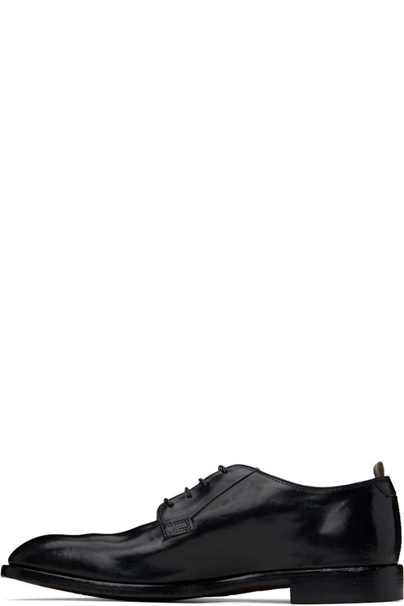 Handcrafted polished leather derbys in black.

· Almond toe 
· Lace-up closure
· Pull-loop at collar 
· Suede lining 
· Topstitching at welt 
· Stacked leather sole 

Supplier color: Nero
