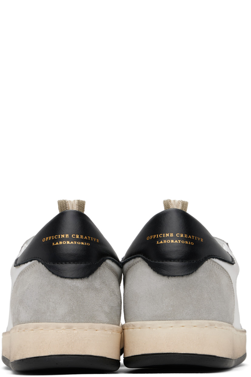 Handcrafted low-top buffed calfskin and calfskin suede sneakers in white and gray.

· Perforated detailing throughout
· Lace-up closure
· Logo at padded tongue and heel tab
· Padded collar
· Grosgrain pull-loop at heel collar
· Logo embossed at grained leather footbed
· Buffed leather lining
· Treaded rubber sole

Supplier color: Nuv/Bia/Nero
