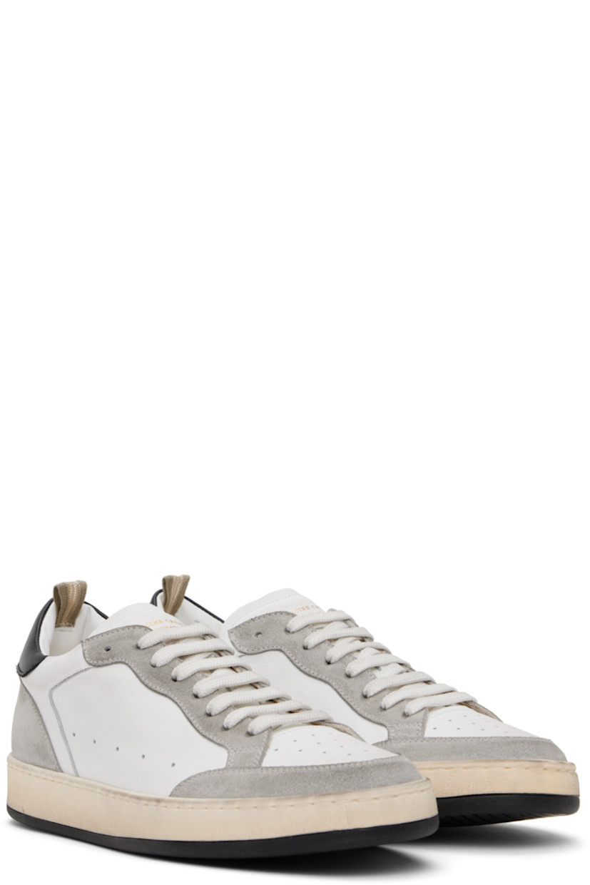 Handcrafted low-top buffed calfskin and calfskin suede sneakers in white and gray.

· Perforated detailing throughout
· Lace-up closure
· Logo at padded tongue and heel tab
· Padded collar
· Grosgrain pull-loop at heel collar
· Logo embossed at grained leather footbed
· Buffed leather lining
· Treaded rubber sole

Supplier color: Nuv/Bia/Nero