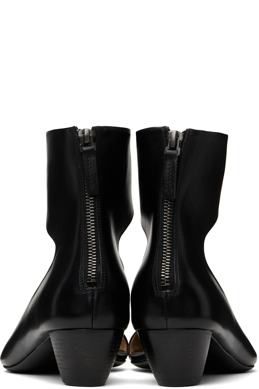 Buffed calfskin heeled sandals in black. 

· Open square toe
· Strap at vamp and ankle
· Zip closure at heel
· Logo embossed at padded leather footbed
· Grained leather lining
· Stacked leather heel with rubber injection
· Polished leather sole
· Heel: H1.5"

Supplier color: Black