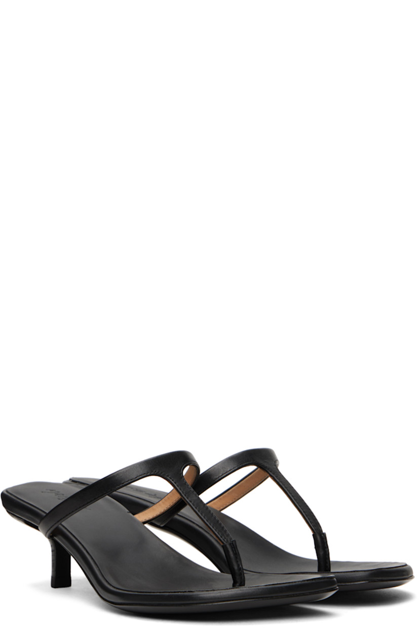 Buffed calfskin heeled sandals in black. 

· Open toe
· Thong-style strap at vamp
· Logo embossed at padded leather footbed
· Stacked leather kitten heel with rubber injection
· Polished leather sole 
· Heel: H1.5"

Supplier color: Black