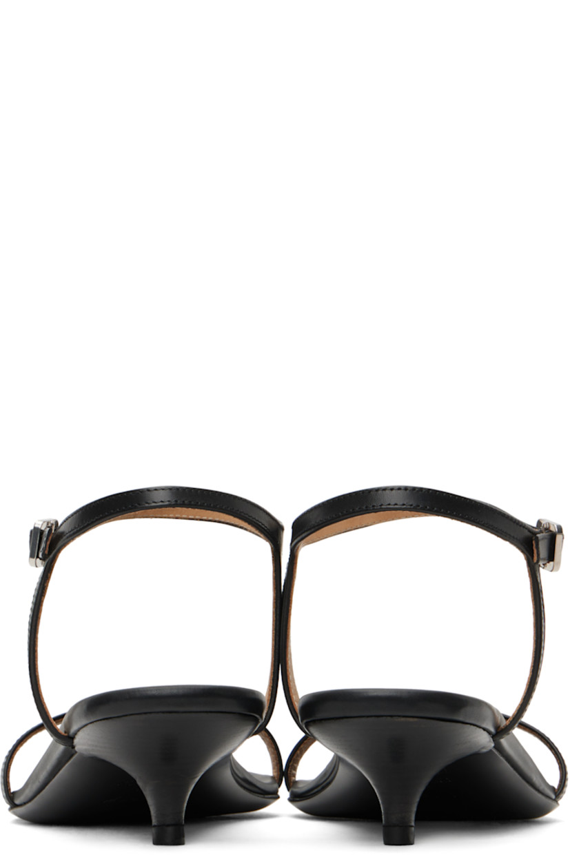 Buffed calfskin heeled sandals in black.

· Open pointed square toe
· Strap at vamp
· Pin-buckle ankle strap
· Logo embossed at padded leather footbed 
· Stacked leather heel with rubber injection
· Polished leather sole
· Heel: H1.5"

Supplier color: Black
