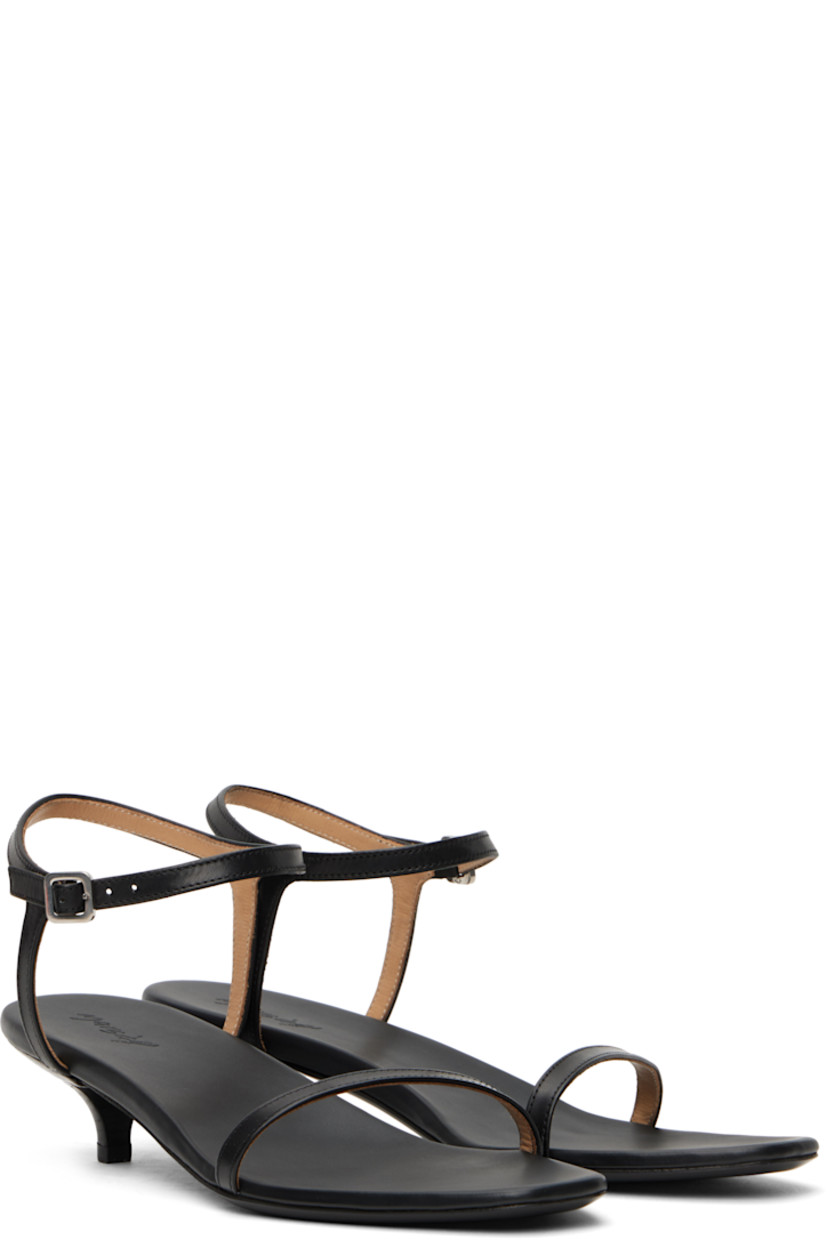 Buffed calfskin heeled sandals in black.

· Open pointed square toe
· Strap at vamp
· Pin-buckle ankle strap
· Logo embossed at padded leather footbed 
· Stacked leather heel with rubber injection
· Polished leather sole
· Heel: H1.5"

Supplier color: Black
