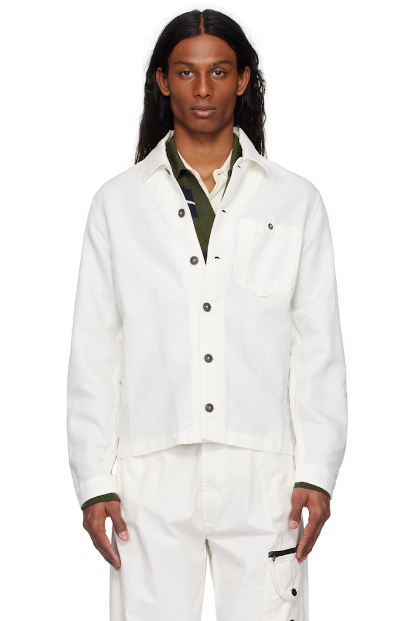 Garment-dyed cotton- and linen-blend twill overshirt.

· Spread collar
· Button closure
· Patch pocket and loop at chest
· Patch pocket at side seams
· Patch pocket with logo-printed acetate lens at sleeve
· Adjustable buttoned cuffs

Supplier color: Gauze white