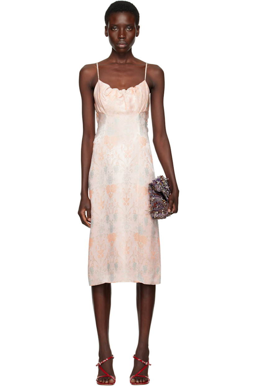 Acetate- and cupro-blend damask midi dress. Jacquard floral pattern throughout.

· Gathering at scoop neck and side seams 
· Darts at chest
· Fixed spaghetti straps
· Concealed zip closure at low back
· Central vent at back hem
· Full satin lining 

Supplier color: Lpink