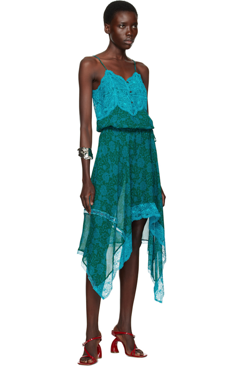 Viscose crêpe slip-style midi dress. Printed floral pattern and lace trim throughout.

· Semi-sheer
· Paneled construction
· Sweetheart neck
· Darts and button fastening at chest
· Drawstring at waist 
· Handkerchief hem
· Adjustable spaghetti straps


Supplier color: Turquoise