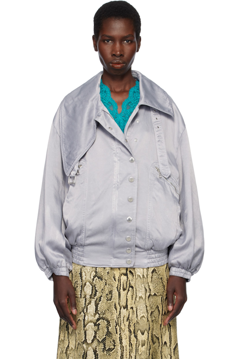 Cupro- and cotton-blend twill bomber jacket. 

· Asymmetric spread collar
· Belt loops and pin-buckle fastening at collar
· Two-way zip closure with press-stud placket
· Zip and welt pockets
· Elasticized hem and cuffs
· Dropped shoulders
· Satin lining

Supplier color: Light blue