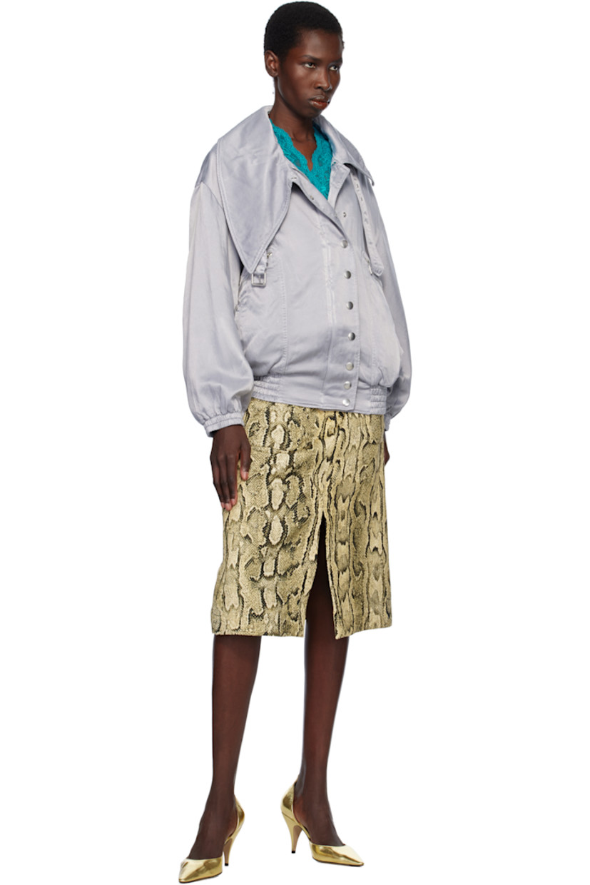 Cupro- and cotton-blend twill bomber jacket. 

· Asymmetric spread collar
· Belt loops and pin-buckle fastening at collar
· Two-way zip closure with press-stud placket
· Zip and welt pockets
· Elasticized hem and cuffs
· Dropped shoulders
· Satin lining

Supplier color: Light blue
