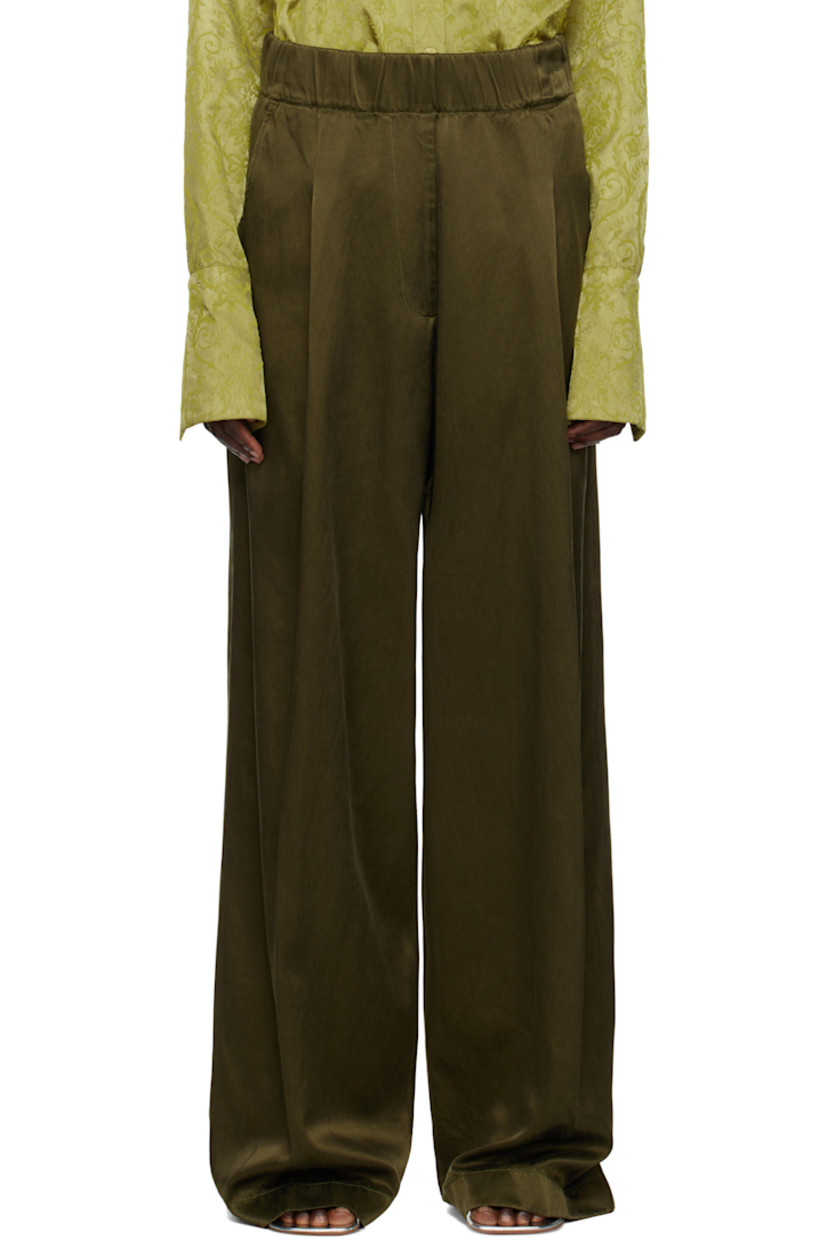 Garment-dyed cupro- and cotton-blend twill satin trousers.

· Loose-fit and wide-leg
· High-rise
· Concealed drawstring at elasticized waistband
· Three-pocket styling
· Mock fly
· Pleats at front

Supplier color: Khaki