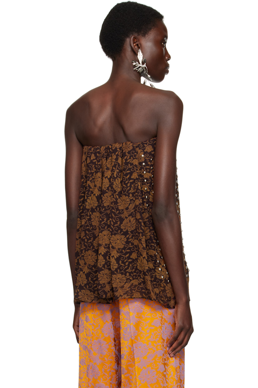 Viscose crêpe top. Floral pattern printed throughout.

· Layered construction
· Straight neck
· Boning at front and back
· Studs at side seam
· Gathering and concealed hook-eye closure at back 
· Corset-style underlay with elasticized hem 
· Full satin lining 

Supplier color: Dark brown