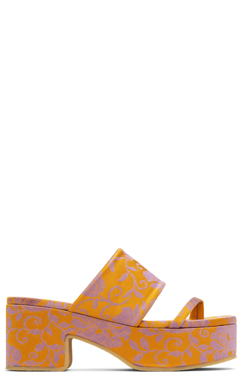 Damask slip-on heeled sandals in orange.

· Jacquard floral pattern throughout
· Thong-style strap at vamp
· Logo patch at covered footbed
· Covered block heel
· Covered platform midsole
· Crêpe-rubber sole
· Platform: H1.75"
· Heel: H2.75"

Supplier color: Mandarin