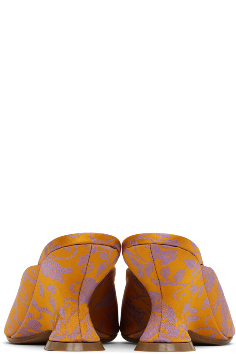 Damask slip-on heeled sandals in orange.

· Jacquard floral pattern throughout
· Open toe
· Logo stamp at padded leather footbed
· Covered wedge heel with rubber injection
· Polished leather sole
· Heel: H2.75"

Supplier color: Mandarin