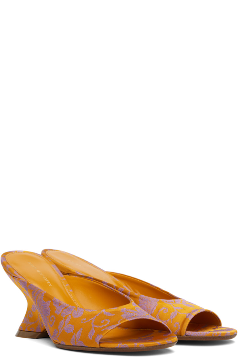 Damask slip-on heeled sandals in orange.

· Jacquard floral pattern throughout
· Open toe
· Logo stamp at padded leather footbed
· Covered wedge heel with rubber injection
· Polished leather sole
· Heel: H2.75"

Supplier color: Mandarin