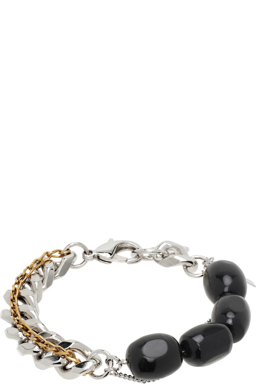 Handcrafted tiered curb chain bracelet in silver- and gold-tone brass.

· Beaded black stones at length
· Logo plaque at adjustable lobster-clasp fastening
· L9"

Supplier color: Black