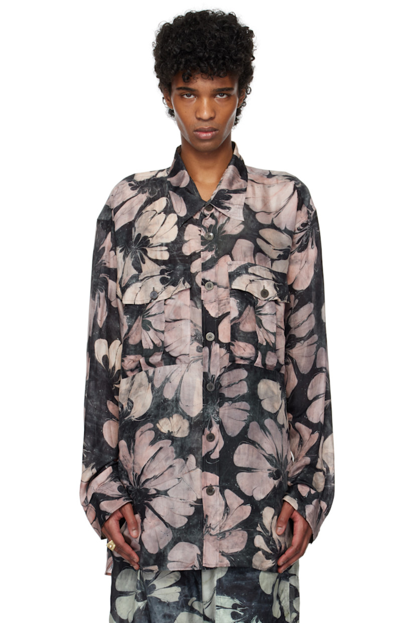 Silk satin shirt. Suminagashi-style floral pattern printed throughout.

· Spread collar
· Button closure
· Flap pockets
· Shirttail hem
· Pleats at adjustable single-button barrel cuffs
· Twin box pleats at back yoke

Supplier color: Pink