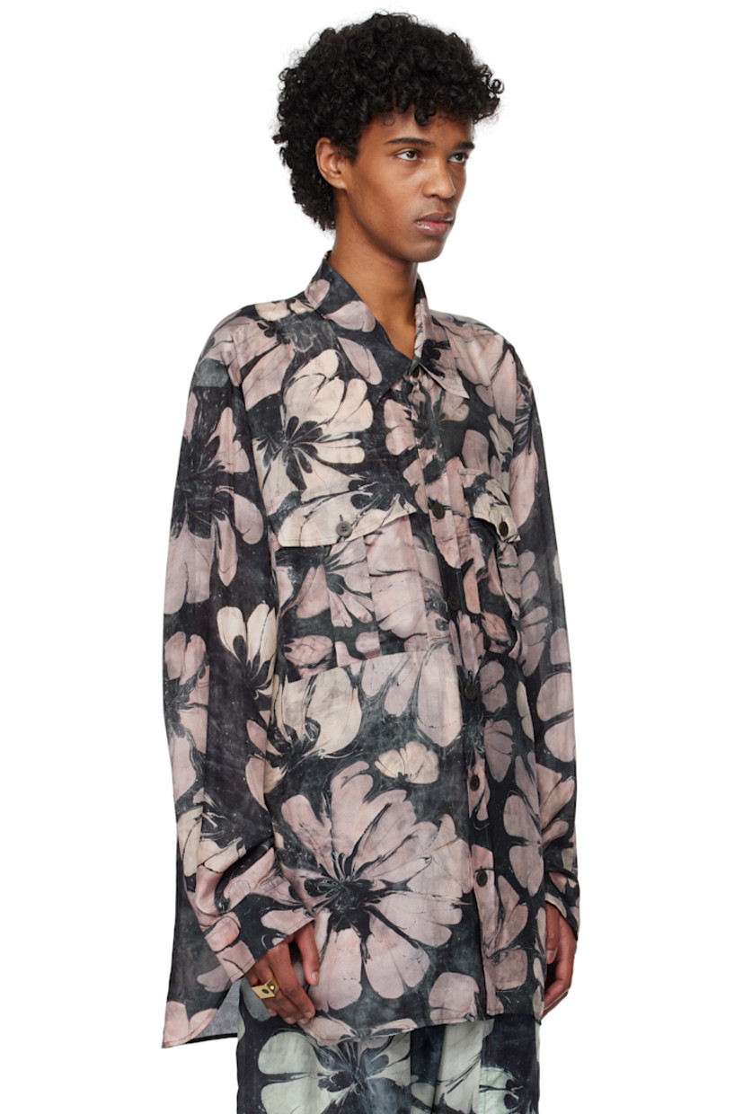 Silk satin shirt. Suminagashi-style floral pattern printed throughout.

· Spread collar
· Button closure
· Flap pockets
· Shirttail hem
· Pleats at adjustable single-button barrel cuffs
· Twin box pleats at back yoke

Supplier color: Pink