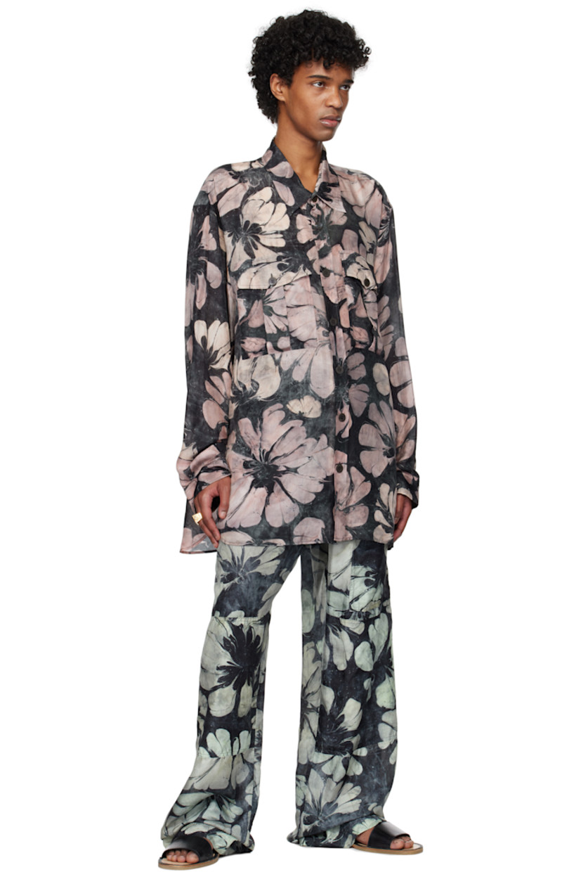 Silk satin shirt. Suminagashi-style floral pattern printed throughout.

· Spread collar
· Button closure
· Flap pockets
· Shirttail hem
· Pleats at adjustable single-button barrel cuffs
· Twin box pleats at back yoke

Supplier color: Pink