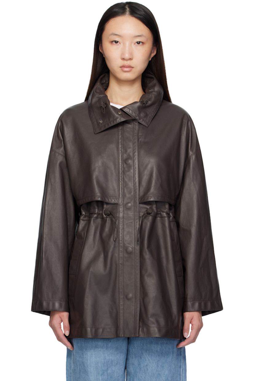 Lightweight grained lambskin jacket.

· Bungee-style drawstring at stand collar
· Concealed zip closure with press-stud placket 
· Storm flap at front and back
· Bungee-style drawstring at waist
· Welt pockets
· Eyelet vents at armscyes
· Silk poplin-lined sleeves
· Unlined

Supplier color: Brown wood