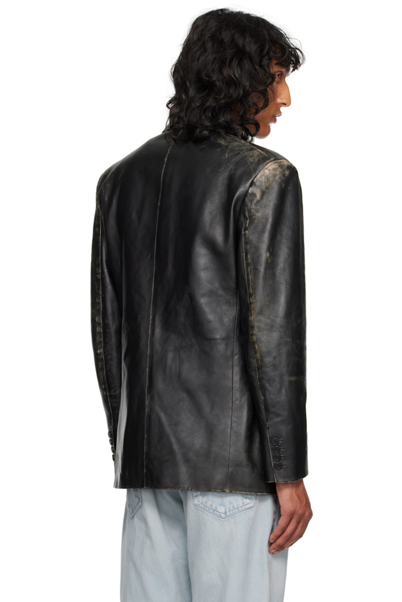 Buffed leather jacket. Subtle distressing throughout.

· Notched lapel
· Button closure
· Welt pocket and flap pockets
· Padded shoulders
· Four-button surgeon's cuffs
· Welt pockets at interior
· Silk habotai lining

Supplier color: Black