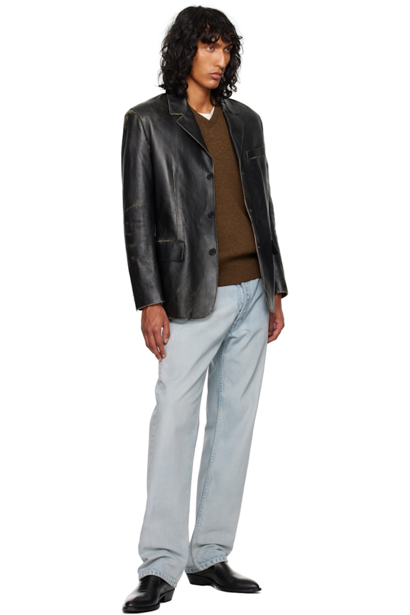 Buffed leather jacket. Subtle distressing throughout.

· Notched lapel
· Button closure
· Welt pocket and flap pockets
· Padded shoulders
· Four-button surgeon's cuffs
· Welt pockets at interior
· Silk habotai lining

Supplier color: Black