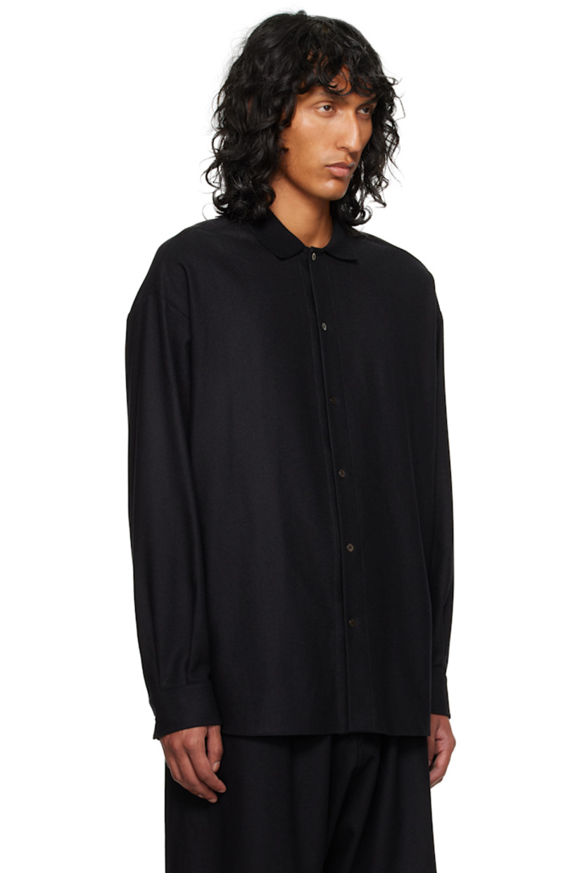 Sheep wool- and goat cashmere-blend moleskin shirt. 

· Spread collar
· Button closure
· Shirttail hem
· Pleats at single-button barrel cuffs

Supplier color: Black
